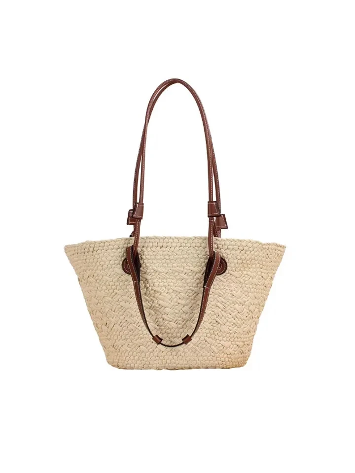 2024 New luxury woven Sand Luxury high capacity vacance women bag basket bag material silver grass and cowhide