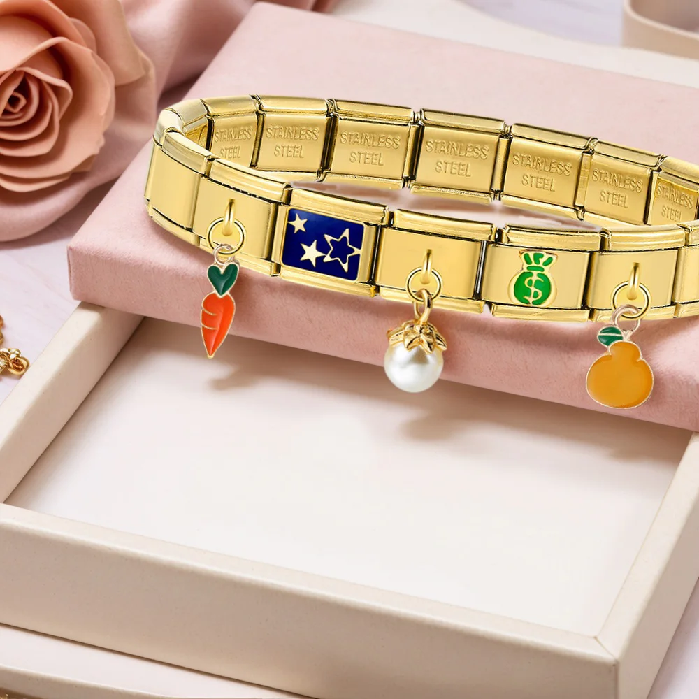 URING 9mm Trendy Blütenblatt Wassertropfen Pflaumenblüte Orange Anhänger Charm Italienischer Link Fit 9mm Edelstahl Schmuck Perlenherstellung DIY – Detail 1