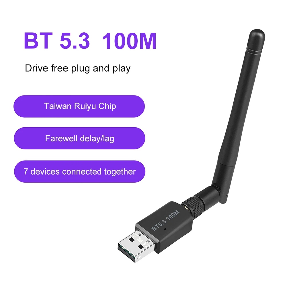 

Wireless Adapter 100M Long Range Audio USB Receiver Transmitter 3Mbps Bluetooth-compatible 5.3 Support Windows 7/win8.1/win10/11