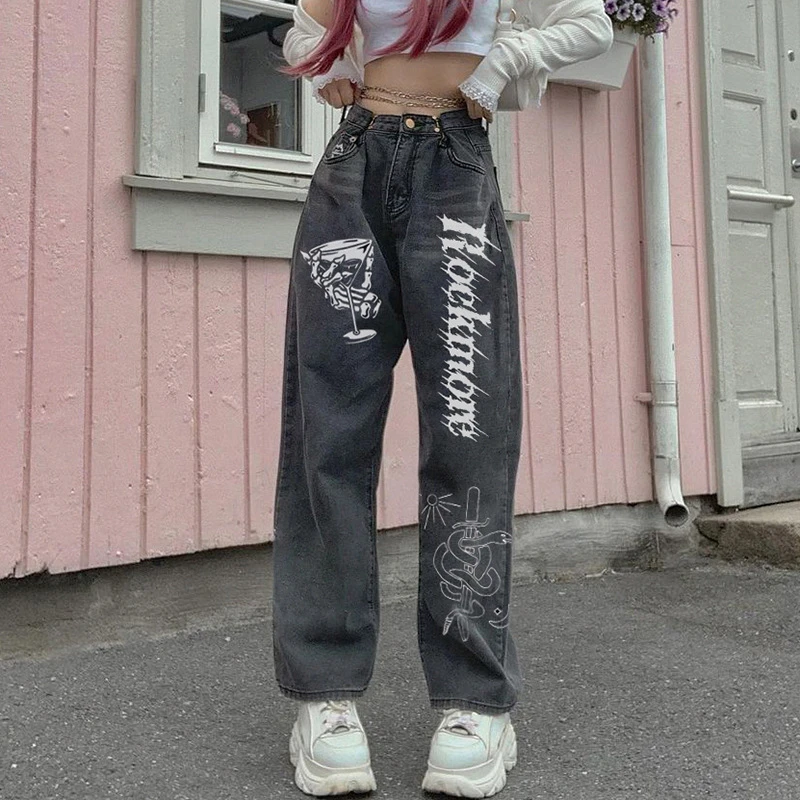 black jeans Women Jeans Spring and Summer Loose Printed Pocket Jeans Streetwear Vintage Women Low Waist Denim Straight-Leg Pants Trousers topshop jeans