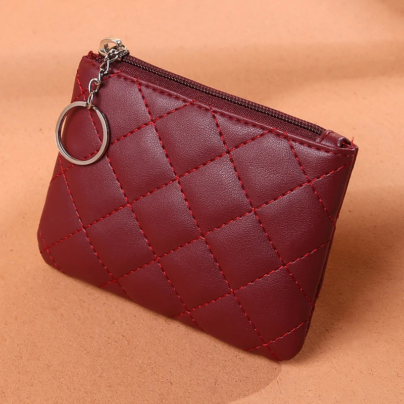 Coin Purse Women PU Leather Zip Coin Wallet Key Chain Fashion Small Purse Money Designer Diamond Pattern