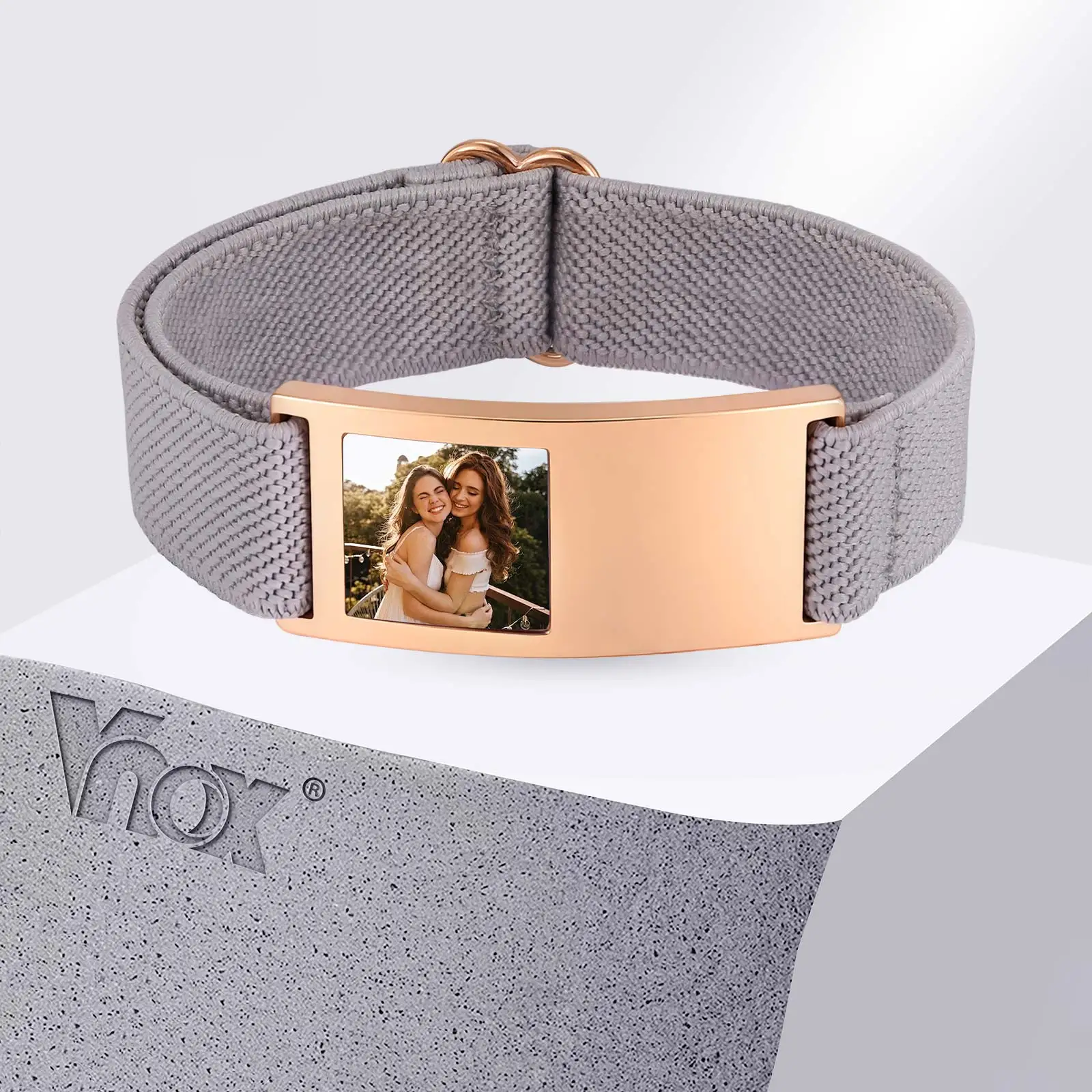 Vnox 남성 여성용 맞춤형 사진 이름 팔찌, 무료 각인 맞춤 각인 스테인레스 스틸 ID 뱅글, 탄성 손목 밴드