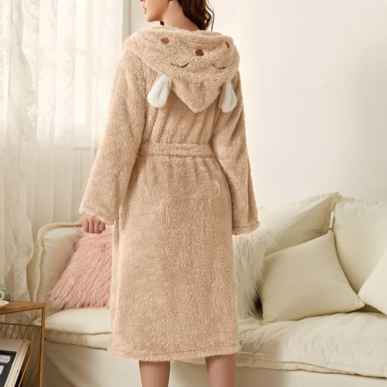 Flannel Hooded Bathrobe Womens Ear Solid Towel Bath Robe Homewear Fleece Thicken Thermal Sleepwear Thick Coral Fleece Nightgowns