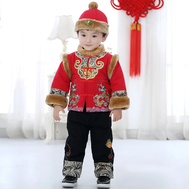 Chinese New Year's Kid Tang Suit Costume Winter Thickened Cotton-Padded Jacket Pants Exquisite Print Hanfu Performance Clothes