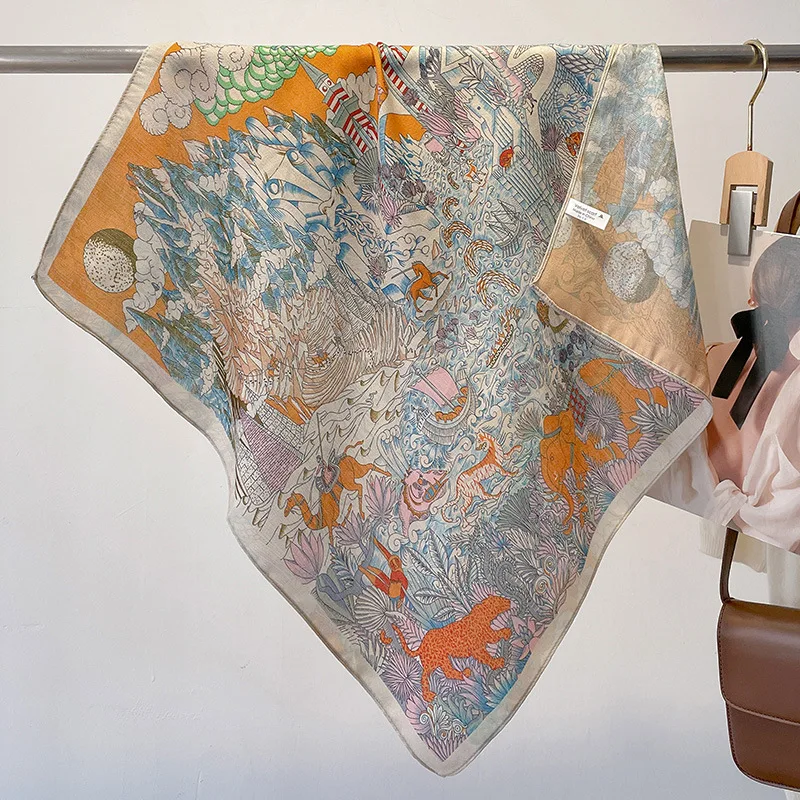 Luxury Animals Floral Print 70cm Cotton Velvet Square Scarf for Women Soft Neckerchief Lady Hijab Neck Tie Hair Headbands printed scarf square scarf