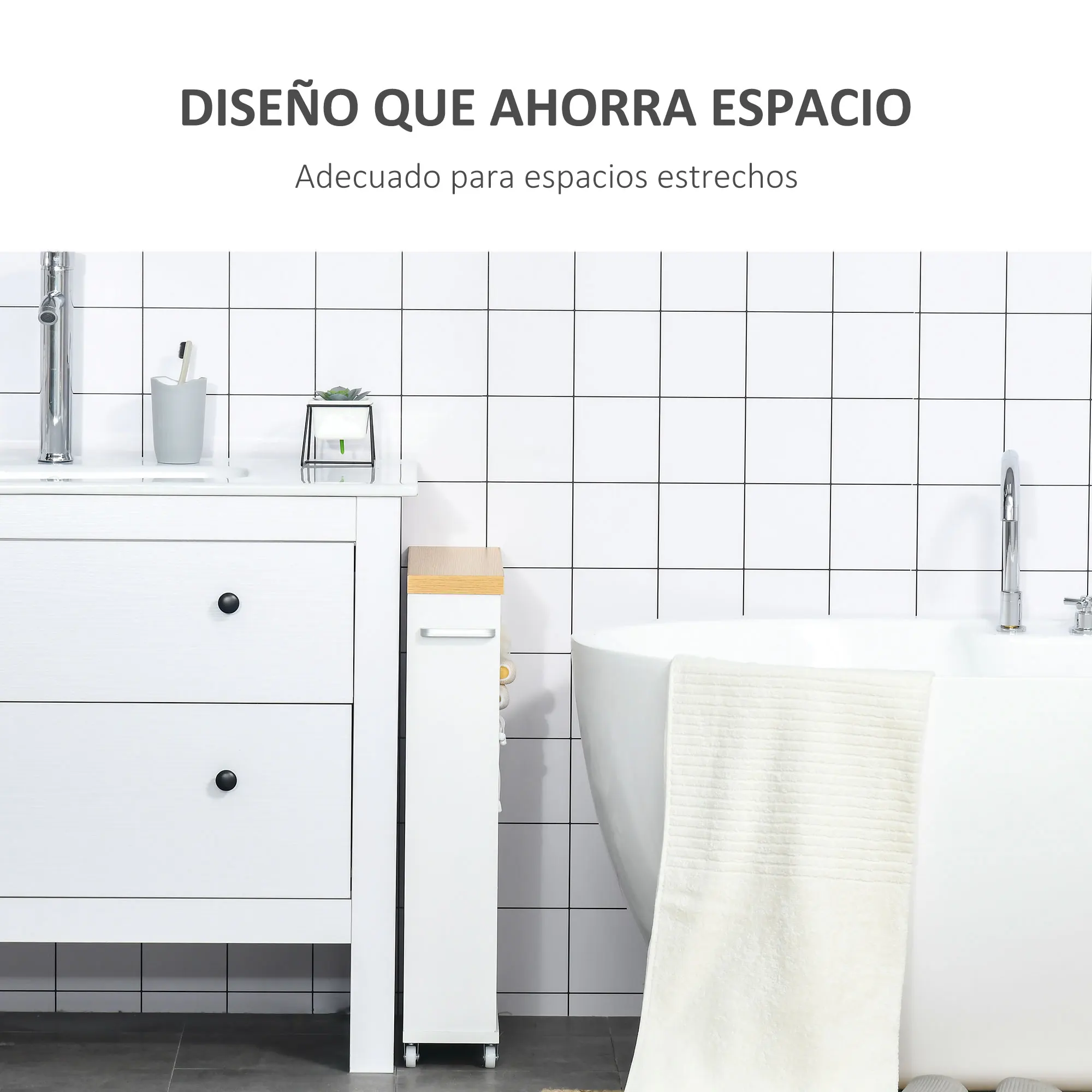 kleankin Armario de Baño Mueble Auxiliar para Baño Espacio Reducido con  Ruedas Estantes Abiertos Armario Cajón 18x30x68,5 cm Blanco Frenos