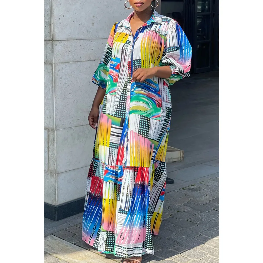 Plus Size Multicolor Daily All Over Print Long Sleeve Maxi Dresses