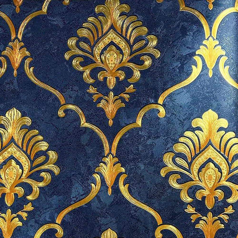 Luxo Damask Vinyl Wallpaper Impermeável Wall Cover Azul Vermelho Pvc Prata Folha de Ouro Sala de Estar Quarto Bar Home Decor