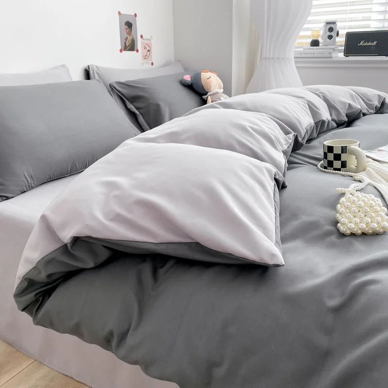 

Washed cotton solid color 4pcs bedding set simple brushed bed sheet Double duvet cover pillowcase bedroom dormitory Bed linen