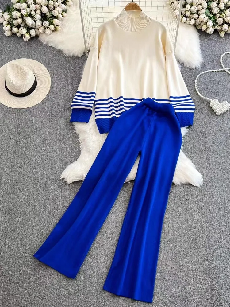 Half High Collar Stripe Stitching Pullover Sweater Womens Korean High Waist Straight Wide Legs Knitted Two Piece Set Sweatshirts
