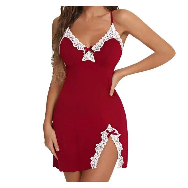 Women Sleepwear Lace Silk Satin Nightdress Sexy Lingerie Sleeveless Nighties V-neck Nightgown Nightdress Nightwear Sleepshirts - 4