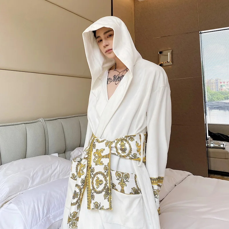 Men Winter Thick Velvet Long Robes Senior Palace Homewear Loose Relax Warm Loungewear Vintage Luxury Desige Soft Bathrobes