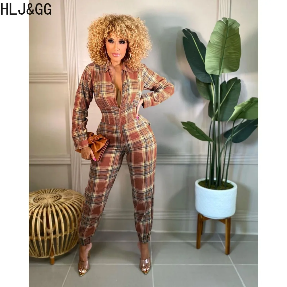 HLJ&GG Spring Casual Plaid Printing Zipper Loose Jumpsuits Women V Neck Long Sleeve Pocket Jogger Pants Playsuits Female Overall