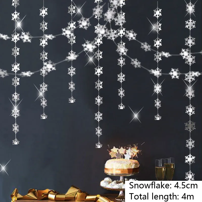 thumbnail image 1 of Guirnalda de copos de nieve en plata, blanco y azul para decoraciones de fiesta en el país de las maravillas invernal, decoración colgante para árbol de Navidad, banderines, 1 of 5