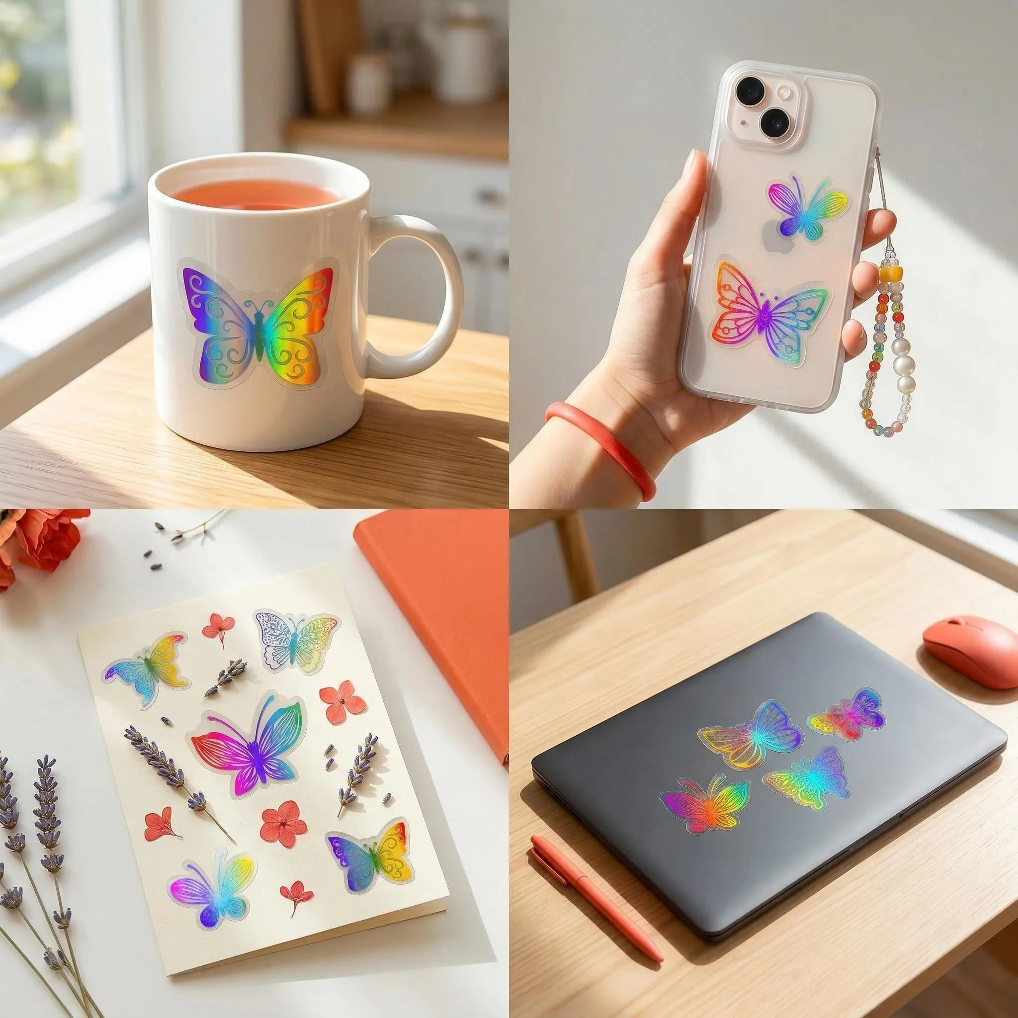 44팩 레인보우 나비 스티커 투명 PET 홀로그램 미적 디칼 플래너 노트북 스크랩북 장
