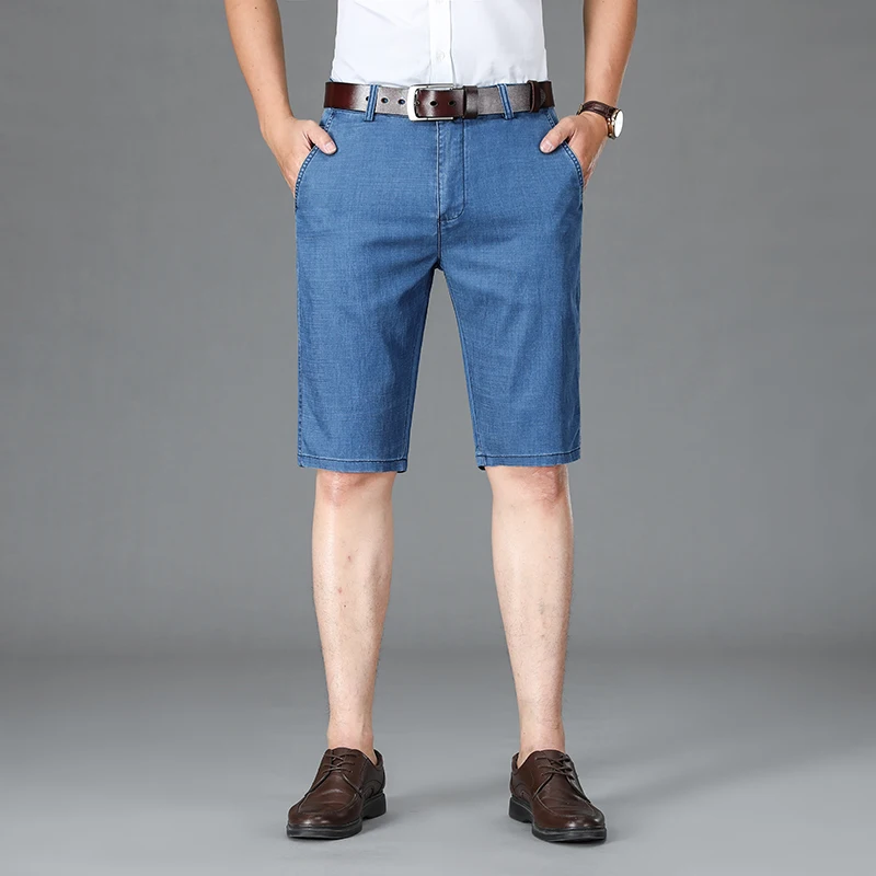 Classic Summer Men's Business Denim Shorts Lyocell Fabric Straight-fit Stretch