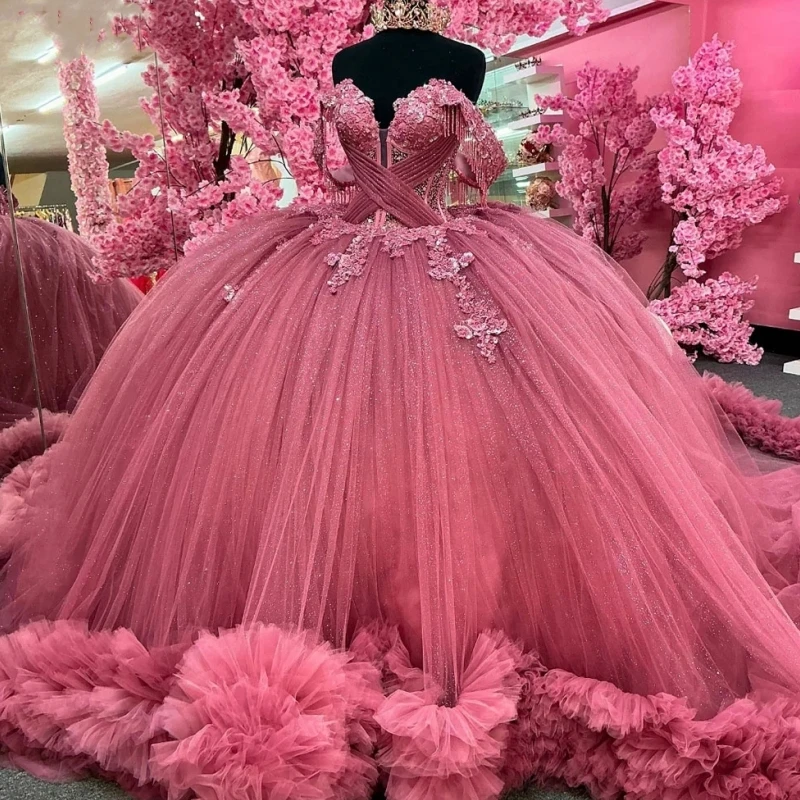 Elegant Pink Quinceanera Dress Ball Gown Beads Applique Corset Pageant Sweet 15 Party Tiered Ruffle Prom Party Dress