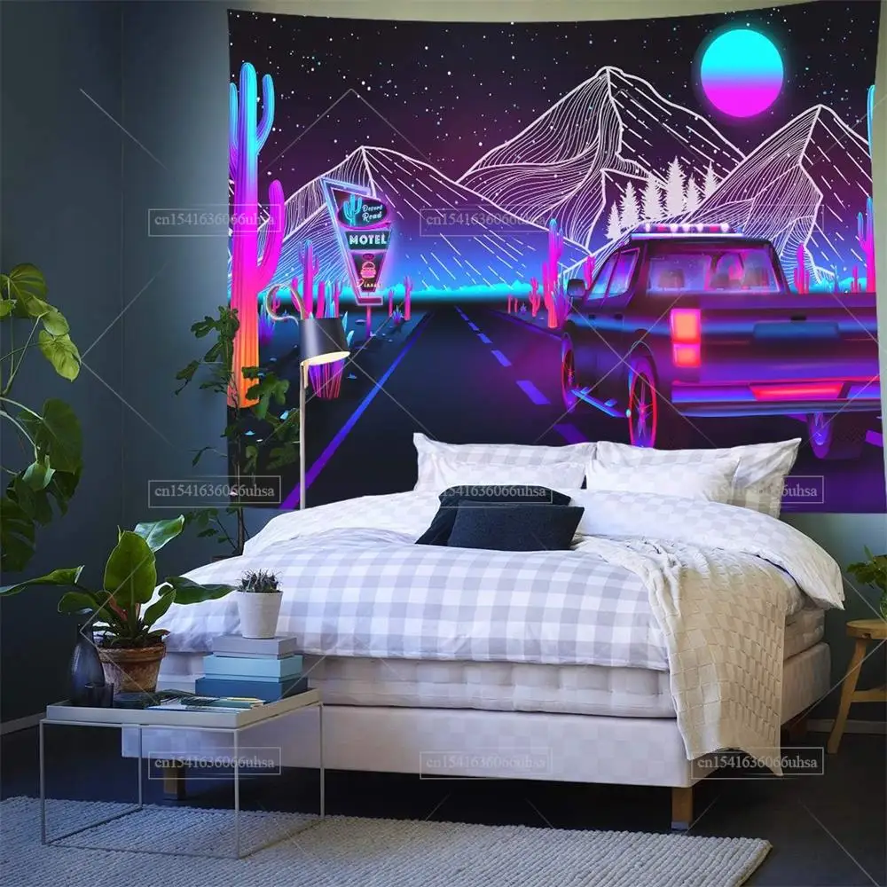 Psychedelic Mountain Moon Tapestry Wall Hanging Trippy Cars ...