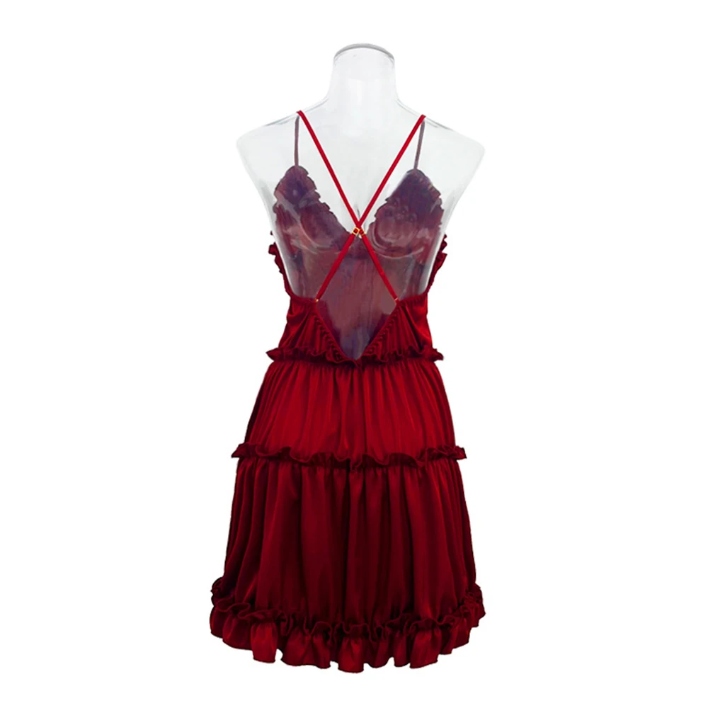 Women Satin Ruffled Nightgown Spaghetti Straps Silk Nightdress Cross Straps Slip Dress Nightwear Sleepwear Camisole Night Gown