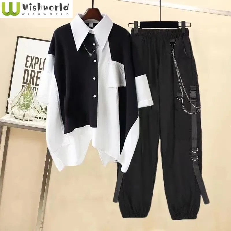 2023 Summer New Loose Patchwork Shirt Chain Decorative Overalls Two-piece Female Student Sports Suit Street Parkour Outfits max lulu luxury chinese designer clothing streetwear fashion womens printed floral jeans punk wide overalls female casual pants