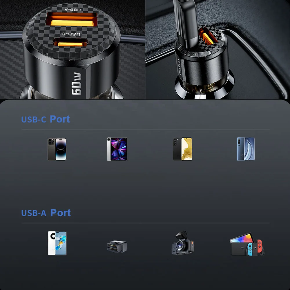 Caricabatteria da auto Ricarica rapida PD 60W QC3.0 USB C Caricabatteria da auto Tipo C Adattatore in auto per IPhone 1413 12 Xiaomi 13 12 - immagine 6
