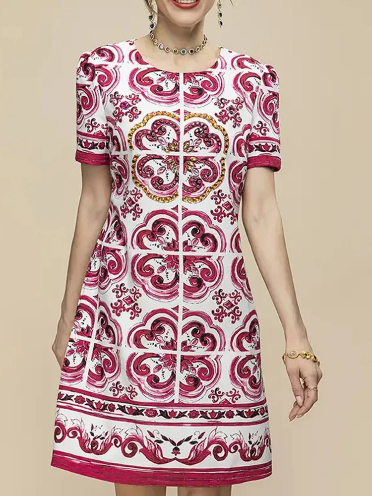 

Retro summer fashion show round neck dress 2023 luxury designer beaded printed short sleeve loose casual women's dress