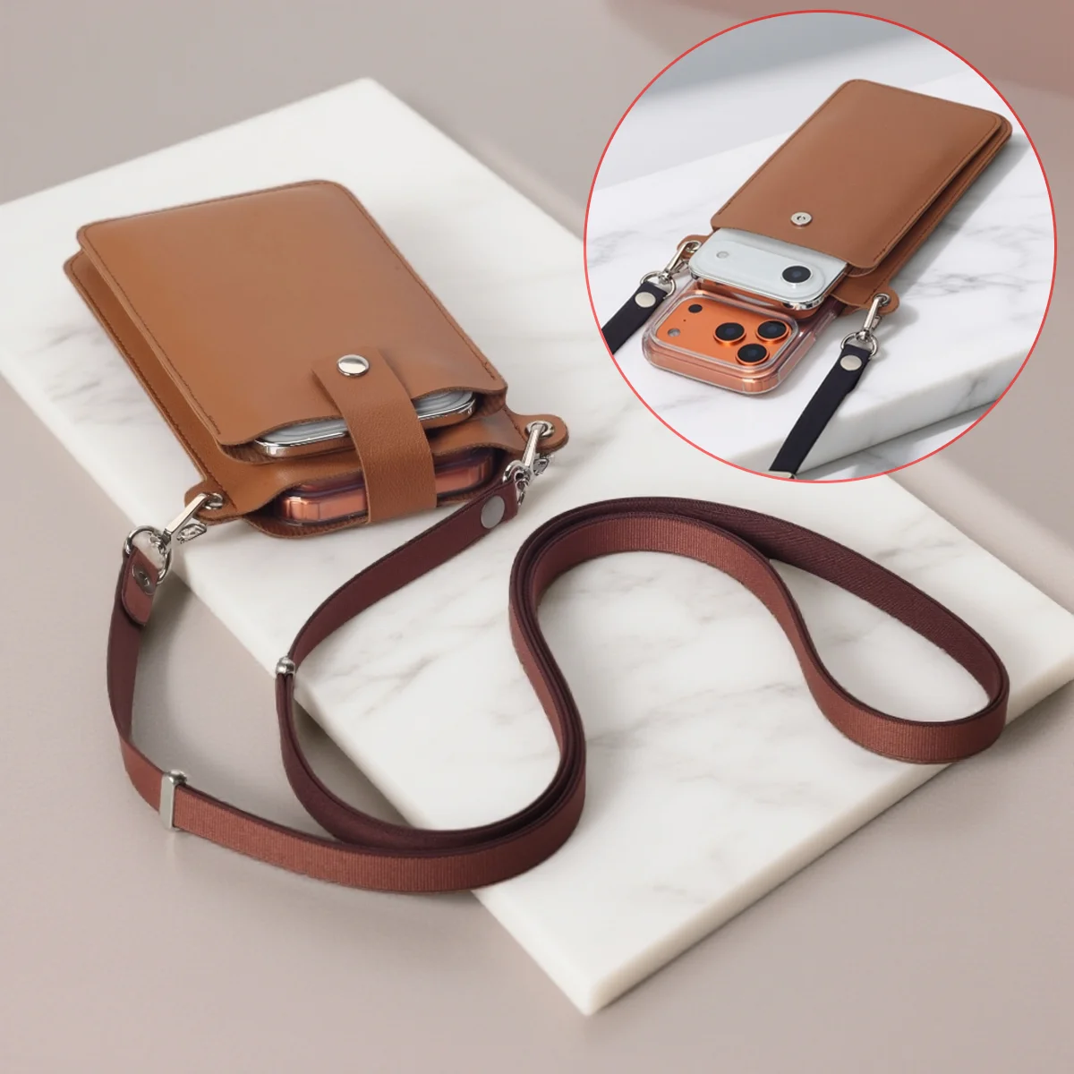 Elegant Leather Crossbody Phone Bag with Adjustable Strap - Anti-Lost & Anti-Scratch Design