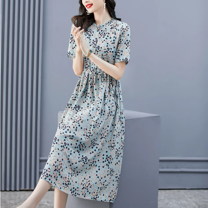

2023 New Silk Dress Women's Summer Versatile Round Neck Fragmented Short Sleeve Loose Fit Casual Holiday Dress Vestidos