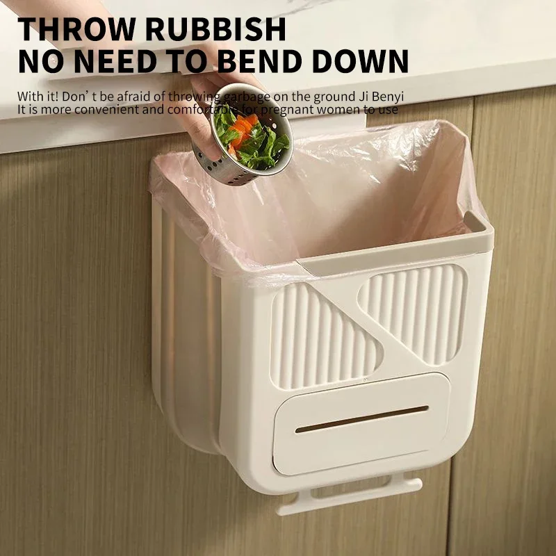 

Wall-mounted Kitchen Folding Trash Can Cabinet Hanging Storage Trash Basket Waste Bin Bathroom Garbage Portable Bag Organizer