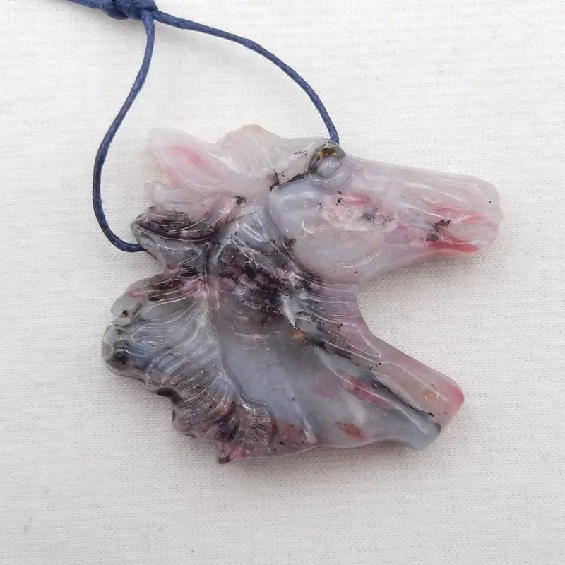 Natural Stone African Rhodonite Carved Horse Head Pendant Bead 42x38x10mm 26g Fashion Jewelry Necklace Accessories