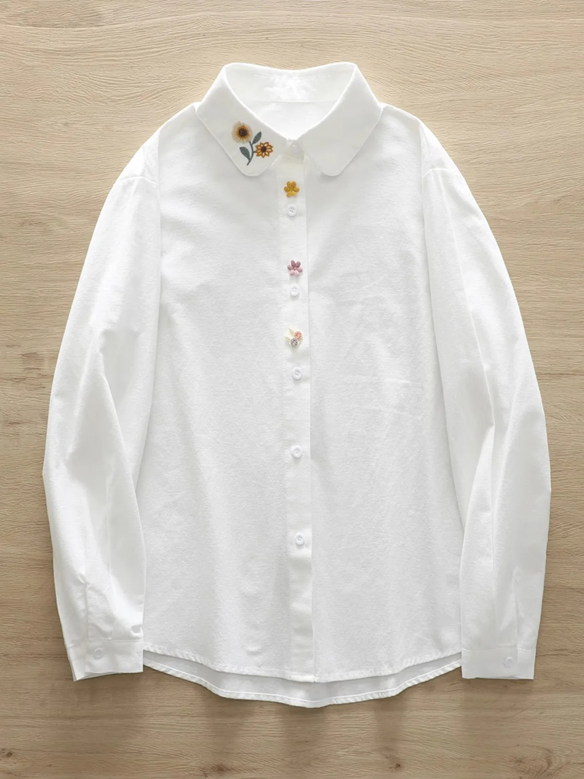 Pure Cotton Long-Sleeve Shirt for Women, New Spring and Autumn Style, Versatile, Artistic Sunflower Embroidery, 3D Cute Rabbit Shirt, Student Casual Layered Top 3