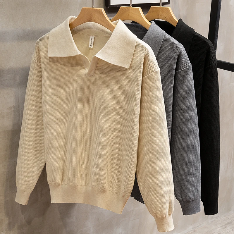 Men 2024 Autumn Winter New Solid Color Polo Neck Pullovers Male Long Sleeve Sweater Tops Mens Loose Casual Knitted Tops S239
