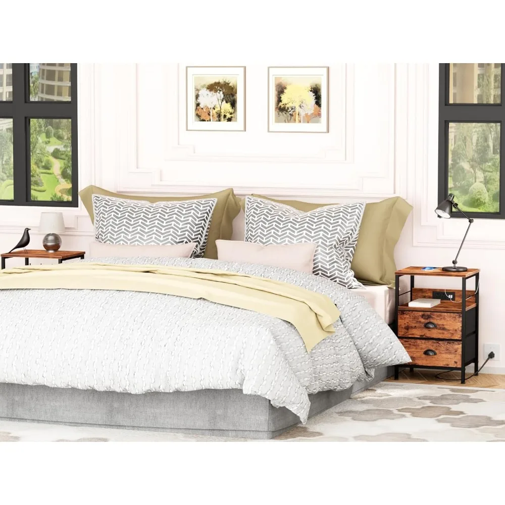 Nightstand Set of 2, Charging Station and USB Ports, Side Tables with 2 Fabric Drawers, Bedside Tables 2
