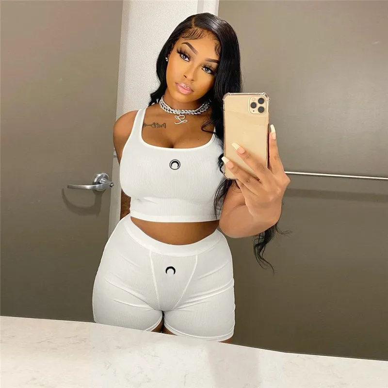 

Summer Knitted Two Piece Matching Set Sportswear White Sleeveless Sexy Crop Top And Mini Shorts Casual Women Outfits Streetwear