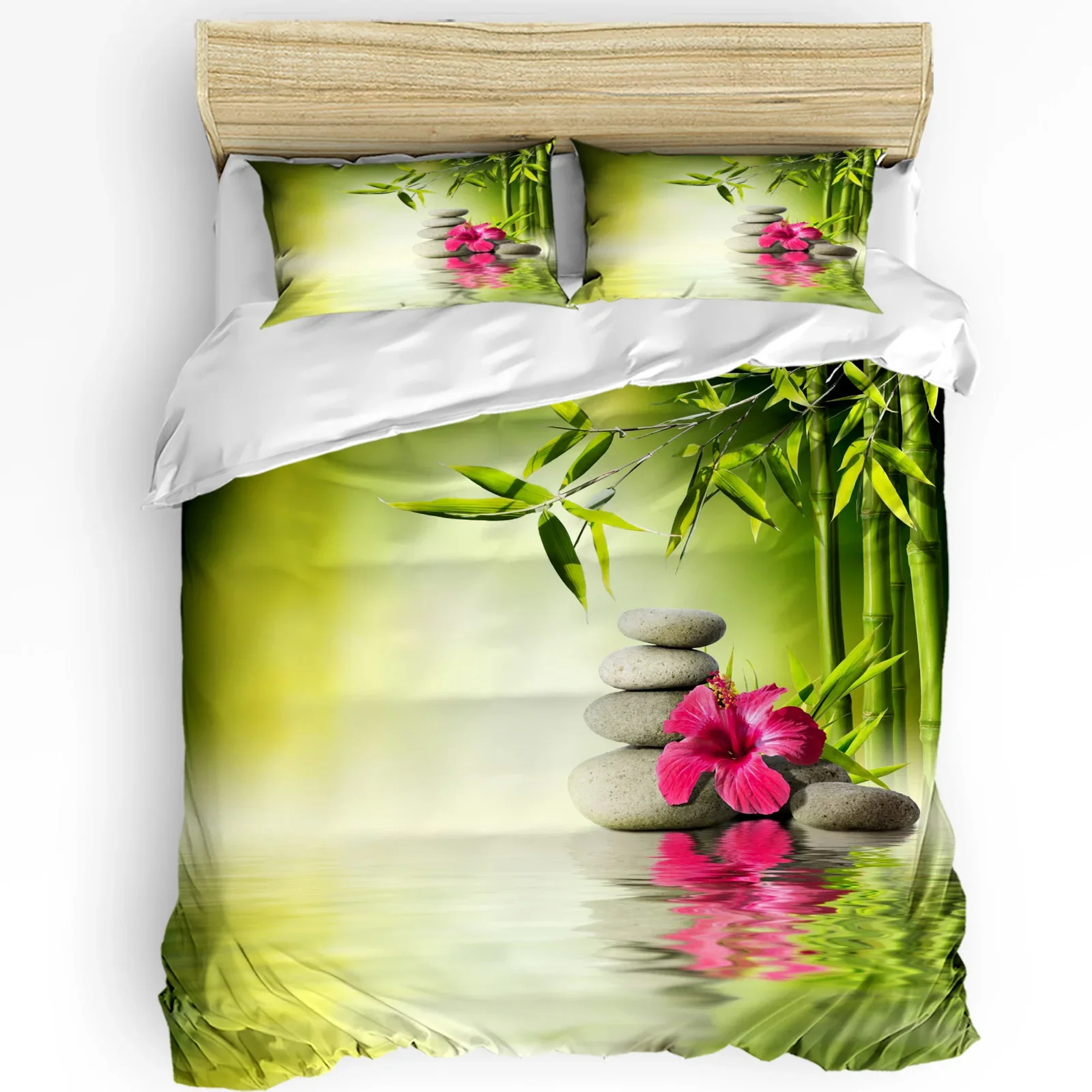 

Stones Bamboo Red Flowers Printed Comfort Duvet Cover Pillow Case Home Textile Quilt Cover Boy Kid Teen Girl 3pcs Bedding Set