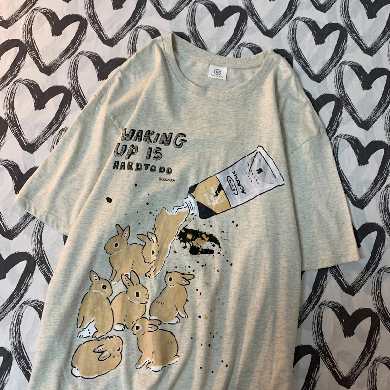 Amerikanisches Retro-Kaninchen-Druck-Kurzarm-T-Shirt für Damen und Herren im Harajuku-Lazy-Style, reine Baumwolle, vielseitiges Rundhals-T-Shirt – Detail 6