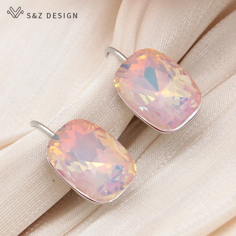 S&Z DESIGN New Fashion Rectangle Colorful Crystal Dangle Earrings For Women Wedding 585 Rose Gold Color Jewelry Eardrop