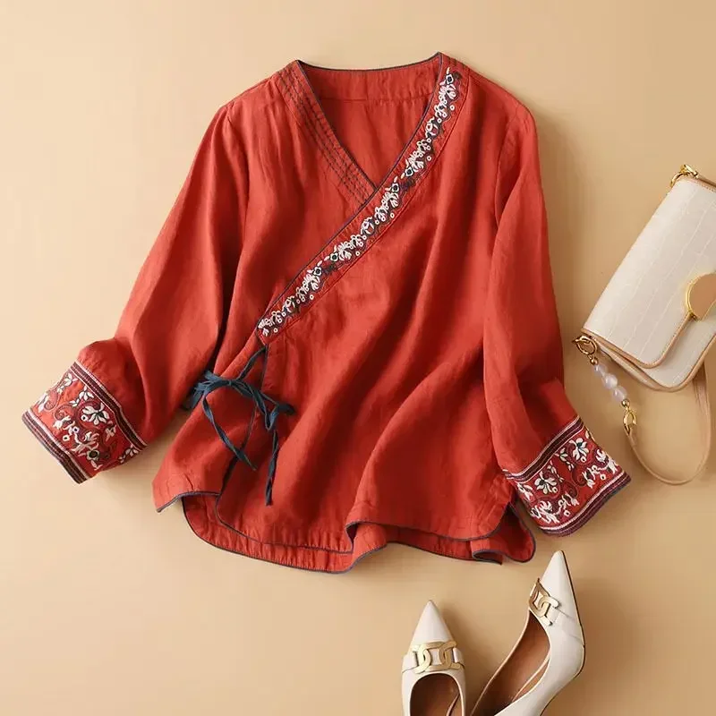 Chinese shirt Tang suit female traditional Chinese clothing retro long sleeve top Han suit summer top female blouse