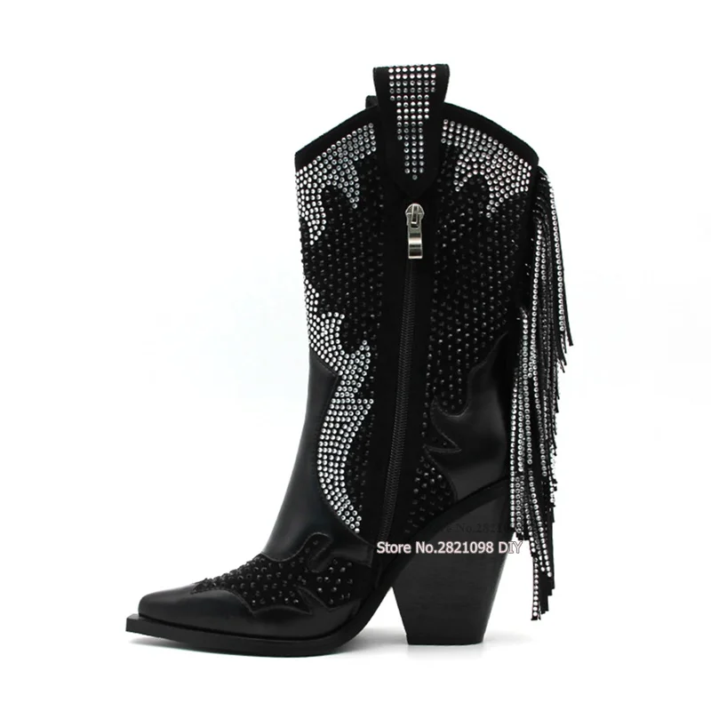 

Rhinestone Knee High Boots for Women Crystal Fringed Cowboy Boots Thick Heels Black Winter New Design Gladiator Heels Bota