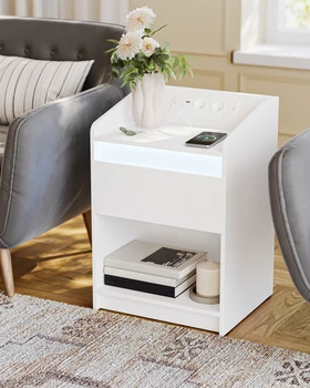 Hzuaneri Comodino con luce LED, Comodino con stazione di ricarica, 1 cassetto portaoggetti Comodino per camera da letto 1