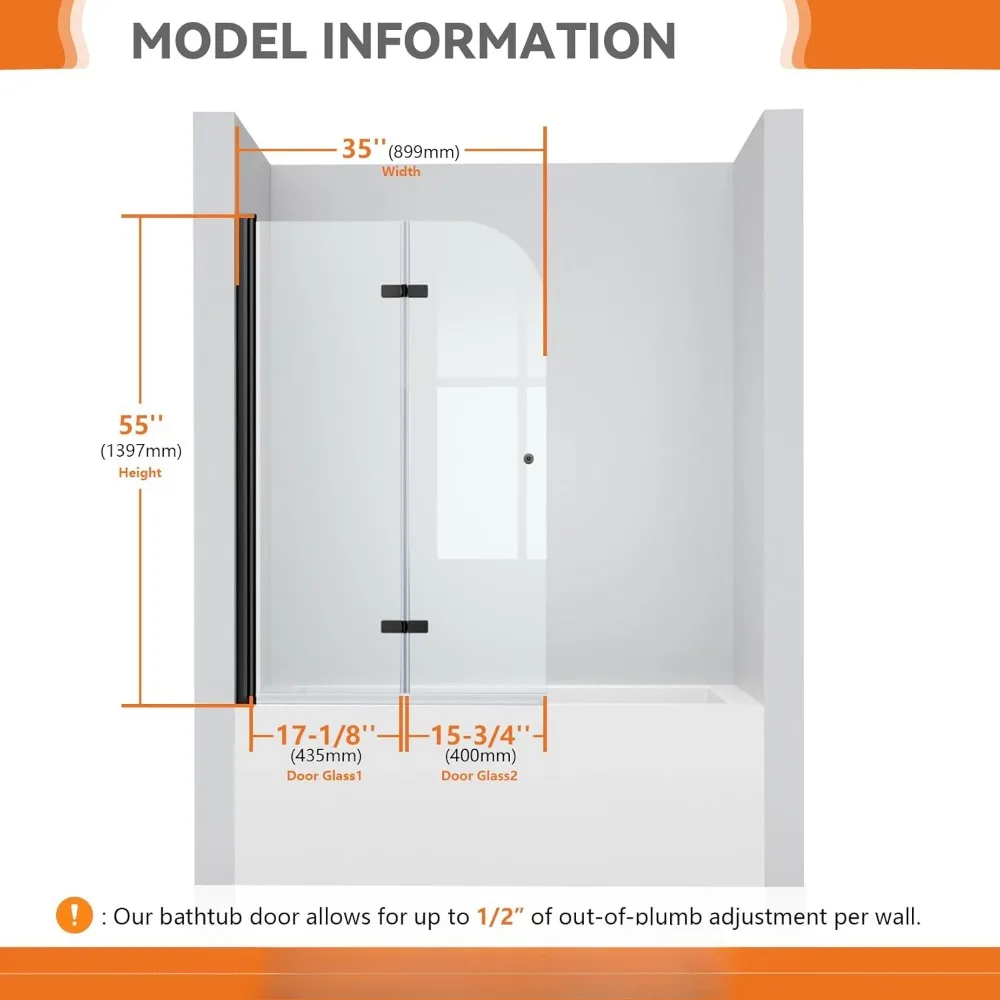 35" W x 55" H Bathtub Shower Door. 1/4" Easy Clean Tempered Glass Frameless Tub Door. 180° Rotatable Bi-Folding Shower Doors 3