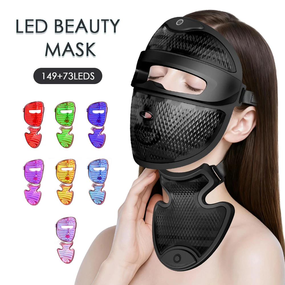 Wireless 7 Color LED Mask With Neck 222LEDs Light Photon Mask Improves Fine Lines Lighten Spots Rechargeable Neck Face Care