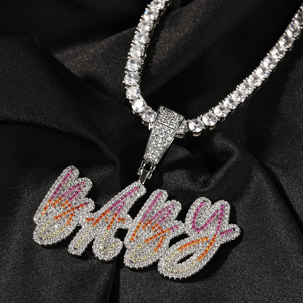 Hip Hop Custom A-Z Letter Name Pendant Necklace Color Gradient 5A Zircon Jewelry