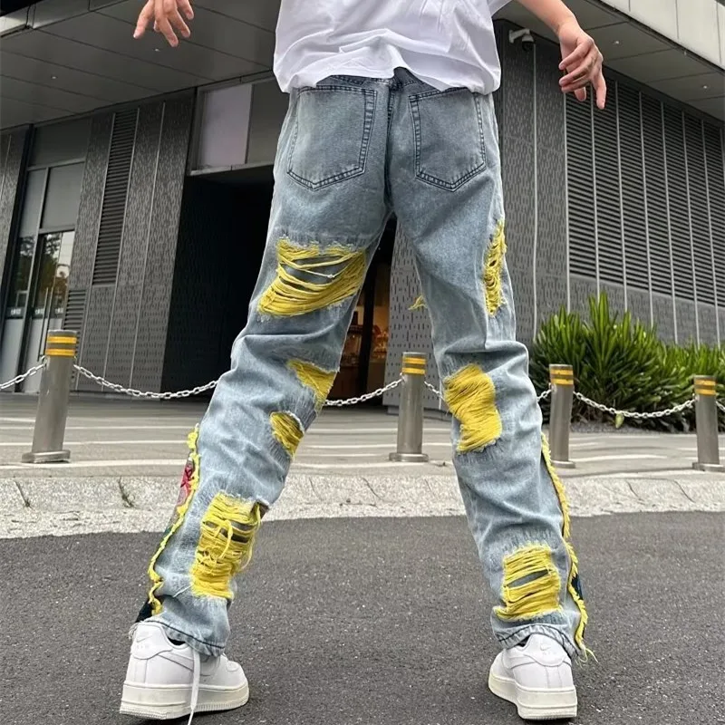 Y2K Europe America Streetwear Stacked Ripped Baggy Jeans Pants Men Clothing Graphic Embroidery Hip Hop Denim Trousers Pantalons