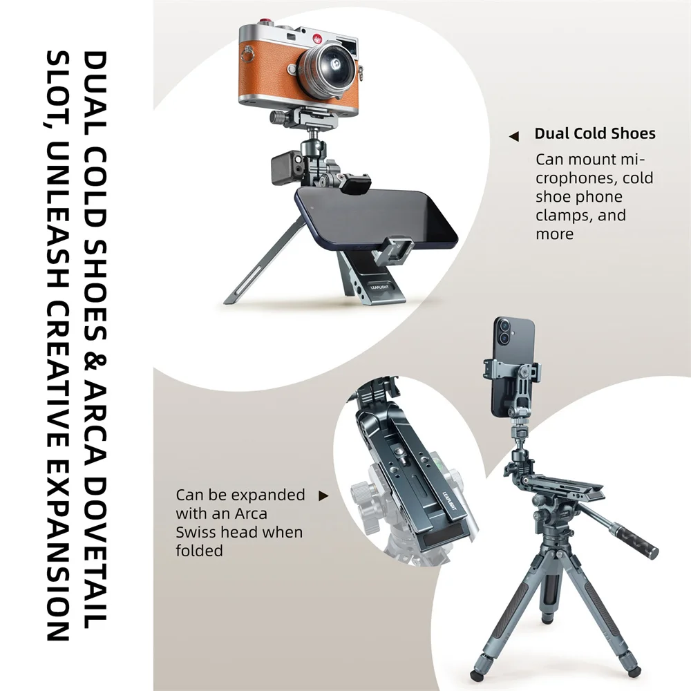Treppiede LEAPLIGHT multifunzione magnetico girevole a 360° in alluminio con gancio pieghevole per smartphone, fotocamera e streaming live._voghion.com