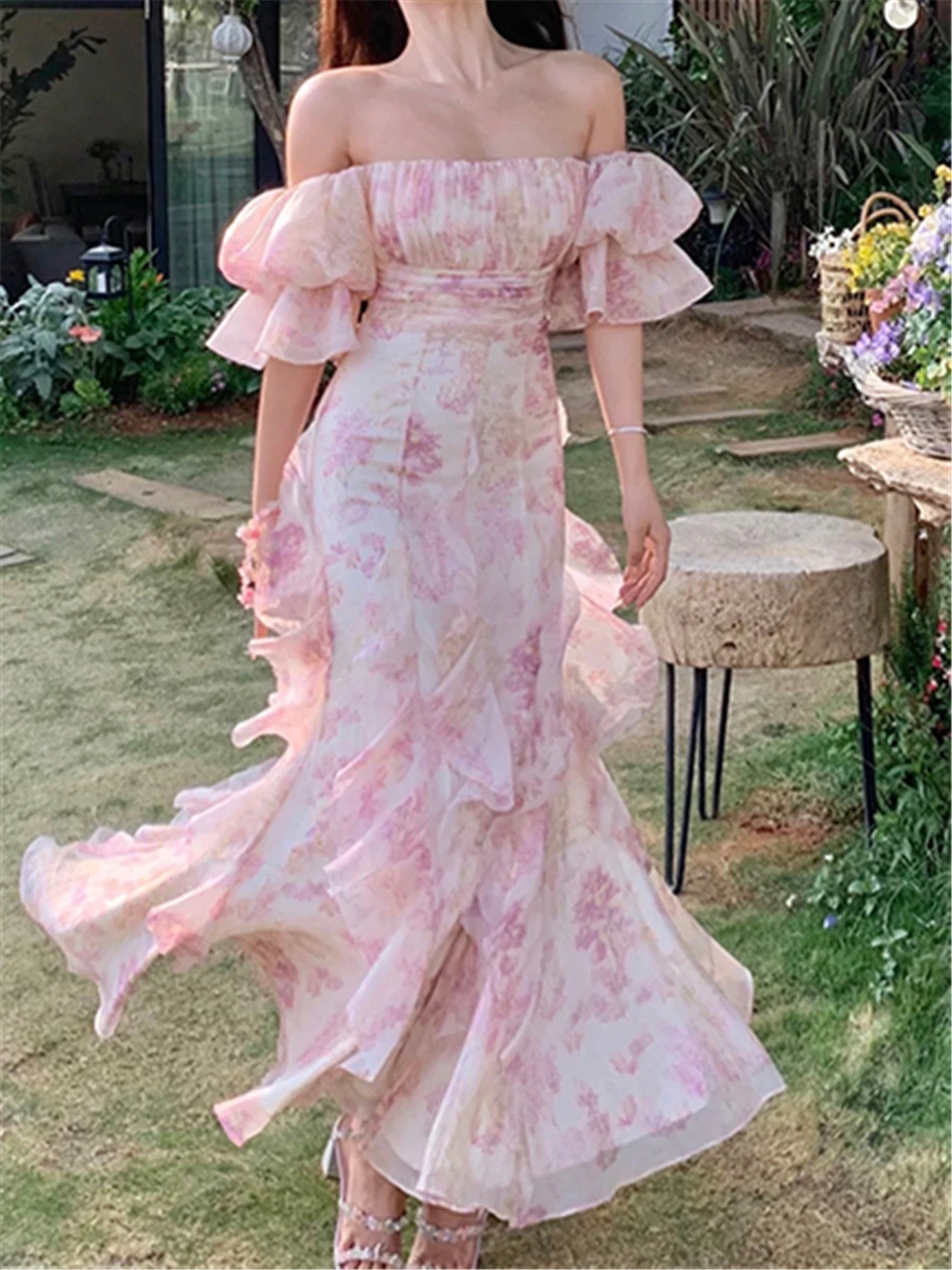 

Women Elegant Korean Summer 2023 New Slash Neck Fashion Evening Party Lady Vestido