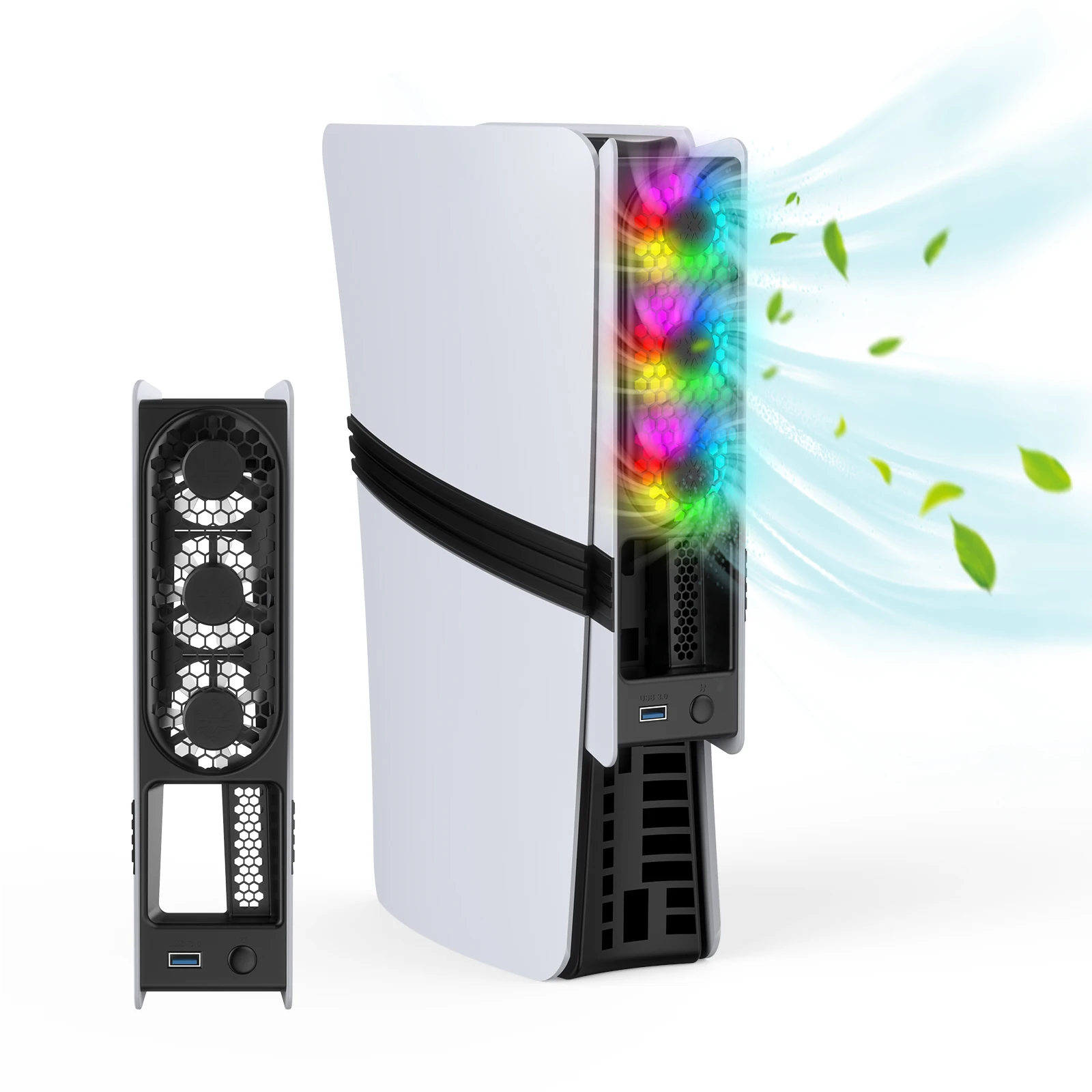 Cooling Fan for PS5 Slim RGB Lighting Adjusted Quiet External Fan Cooler for 5 Pro/Slim Disc & Digital Edition Part