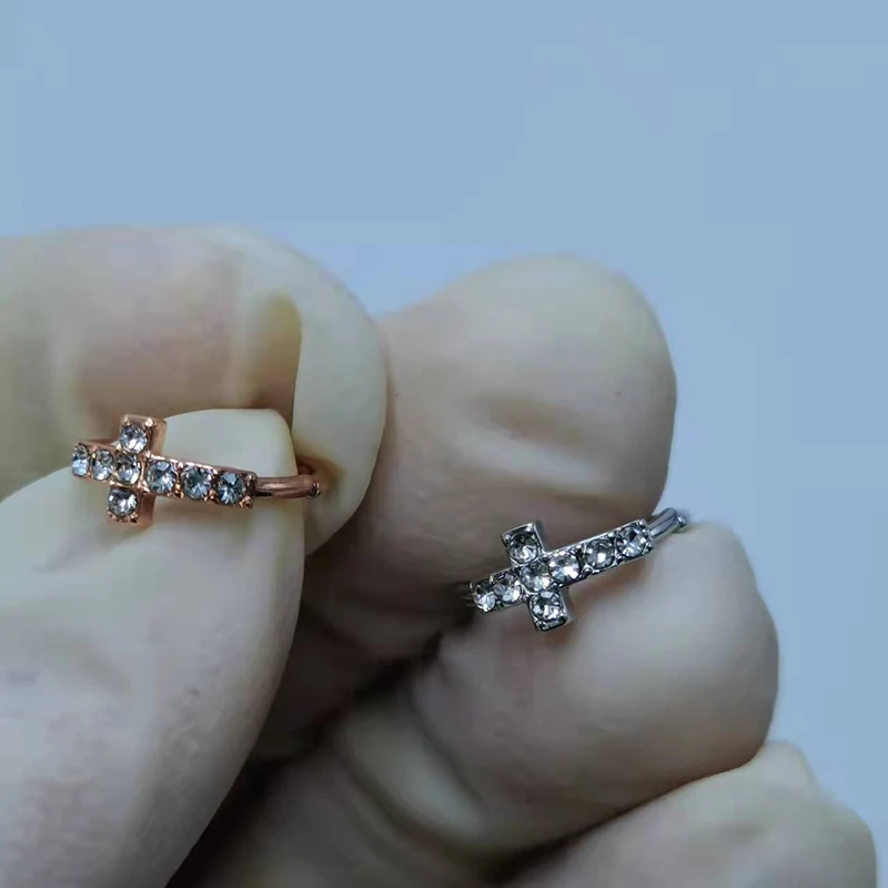 16G CZ PAVED CROSS NOSE RING HOOP STEEL PIERCING JEWELRY boucle d&rsquo;oreille acier inoxidable