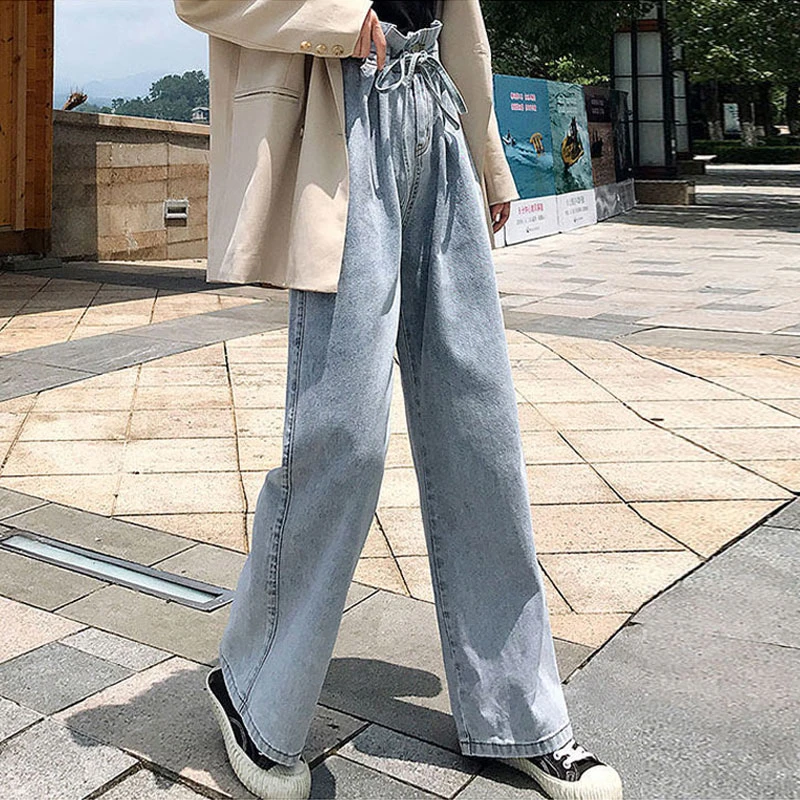 여성용 하이웨이스트 와이드 레그 팬츠, 캐주얼 드래그 청바지, 초가을 스트레이트 스트랩 디자인 센스, 시크한 바람, 한국 버전