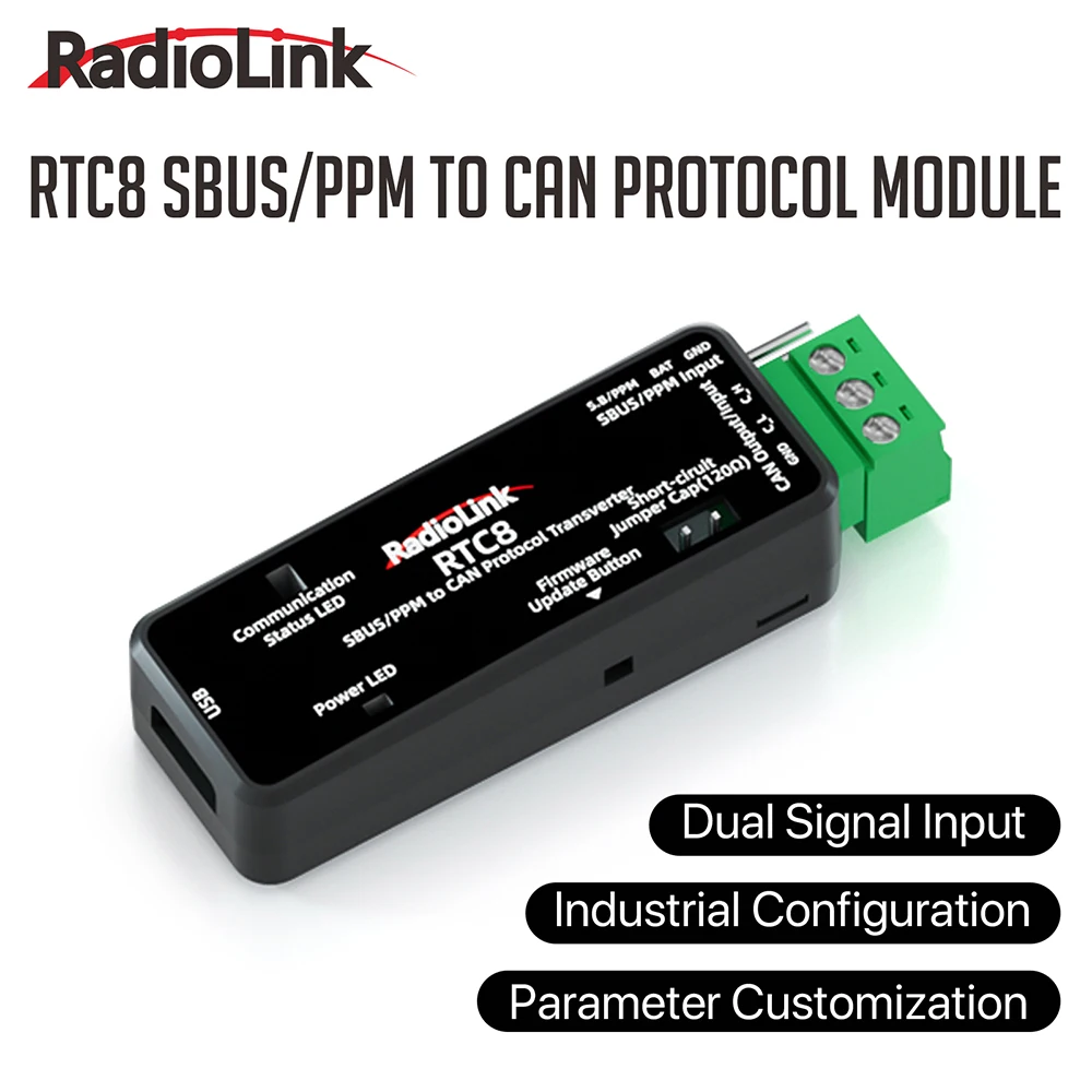 

Протокол Radiolink RTC8 SBUS/PPM к CAN, модуль с двумя входами сигнала, параметры приложения для настройки для умных автомобилей/DJI Gimbal/UAV